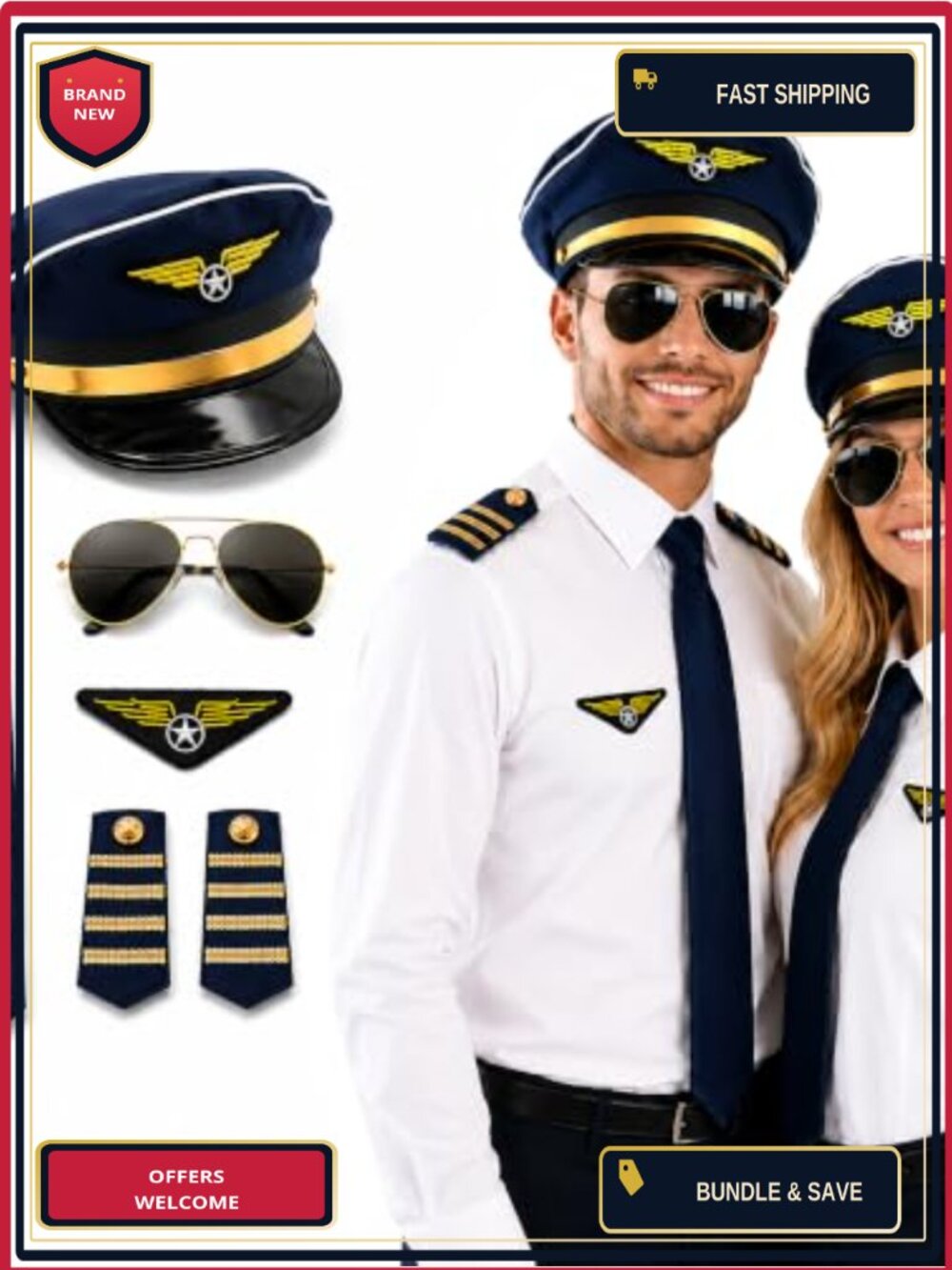 Pilot Costume Set Hat Tie Sunglasses Badge Epaulets Adult Halloween Cosplay